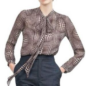 Zara| Sheer Plum/White Geometric Optical Patterned Silky Blouse Neck  Bow Sz XS